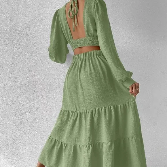 Cut Out Waist Lantern Sleeve Ruffle Hem green Dress maxi - Picture 3 of 5